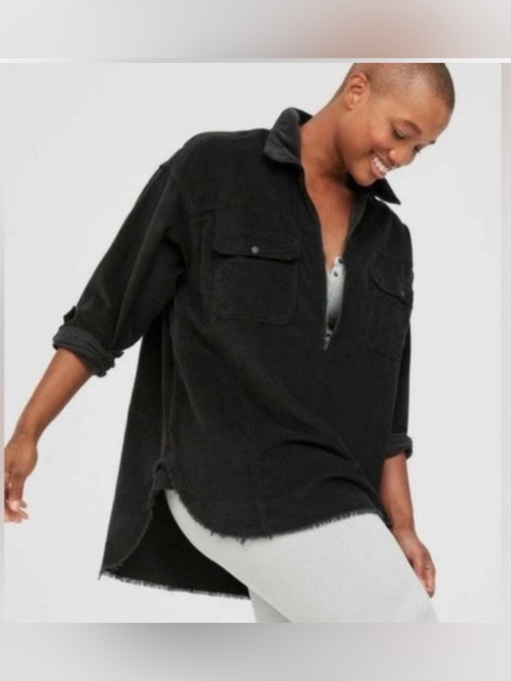 aerie Black Half-Zip Oversized Sweater Corduroy